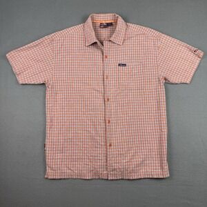 Lugz Shirt Mens XL Plaid Orange White Blue Camp Loop Collar Short Sleeve‎
